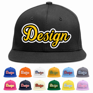 Custom Black Gold-Black Flat Eaves Sport Baseball Cap Design for Men/Women/Youth