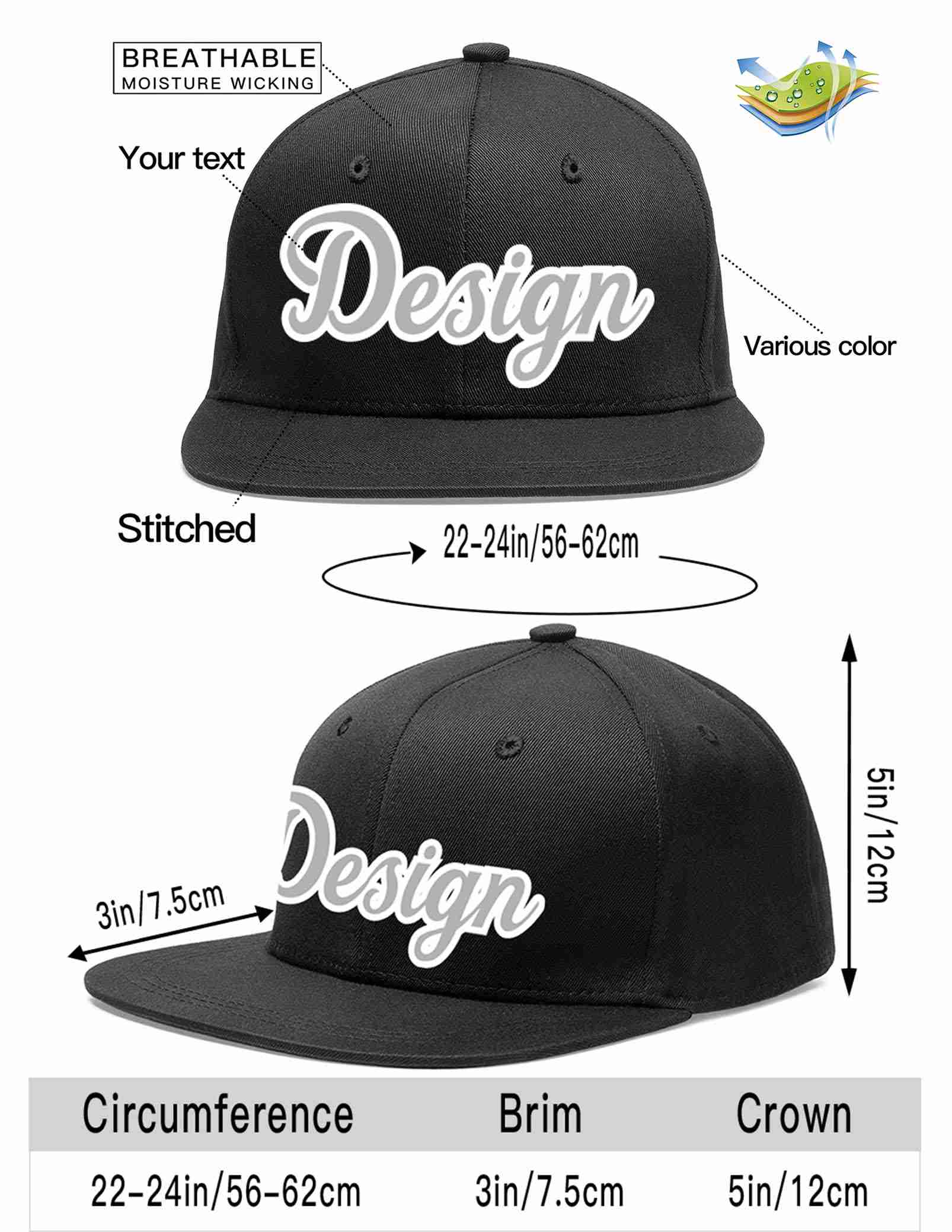 Custom Black Gray-White Flat Eaves Sport Baseball Cap Design for Men/Women/Youth