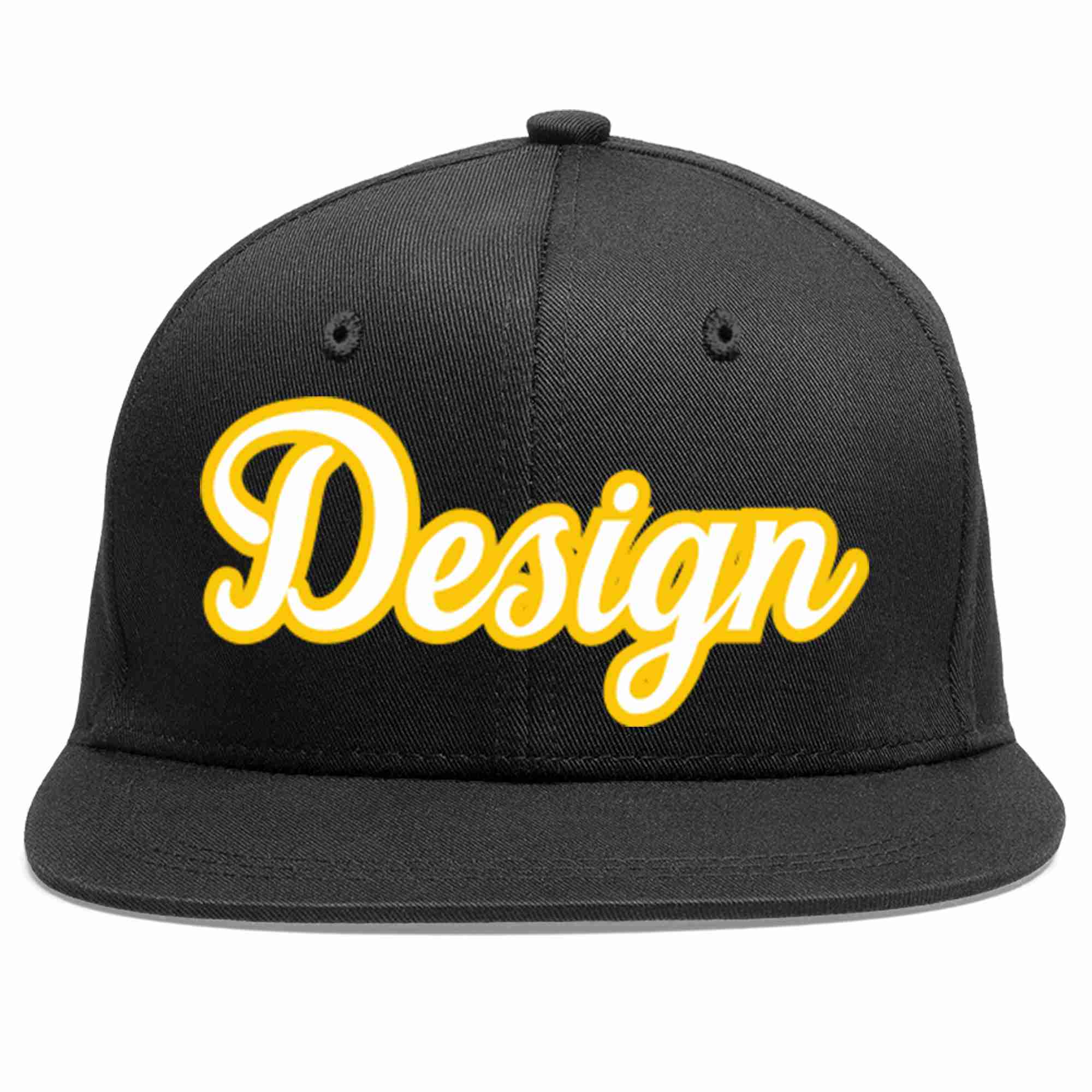 Custom Black White-Gold Flat Eaves Sport Baseball Cap Design for Men/Women/Youth