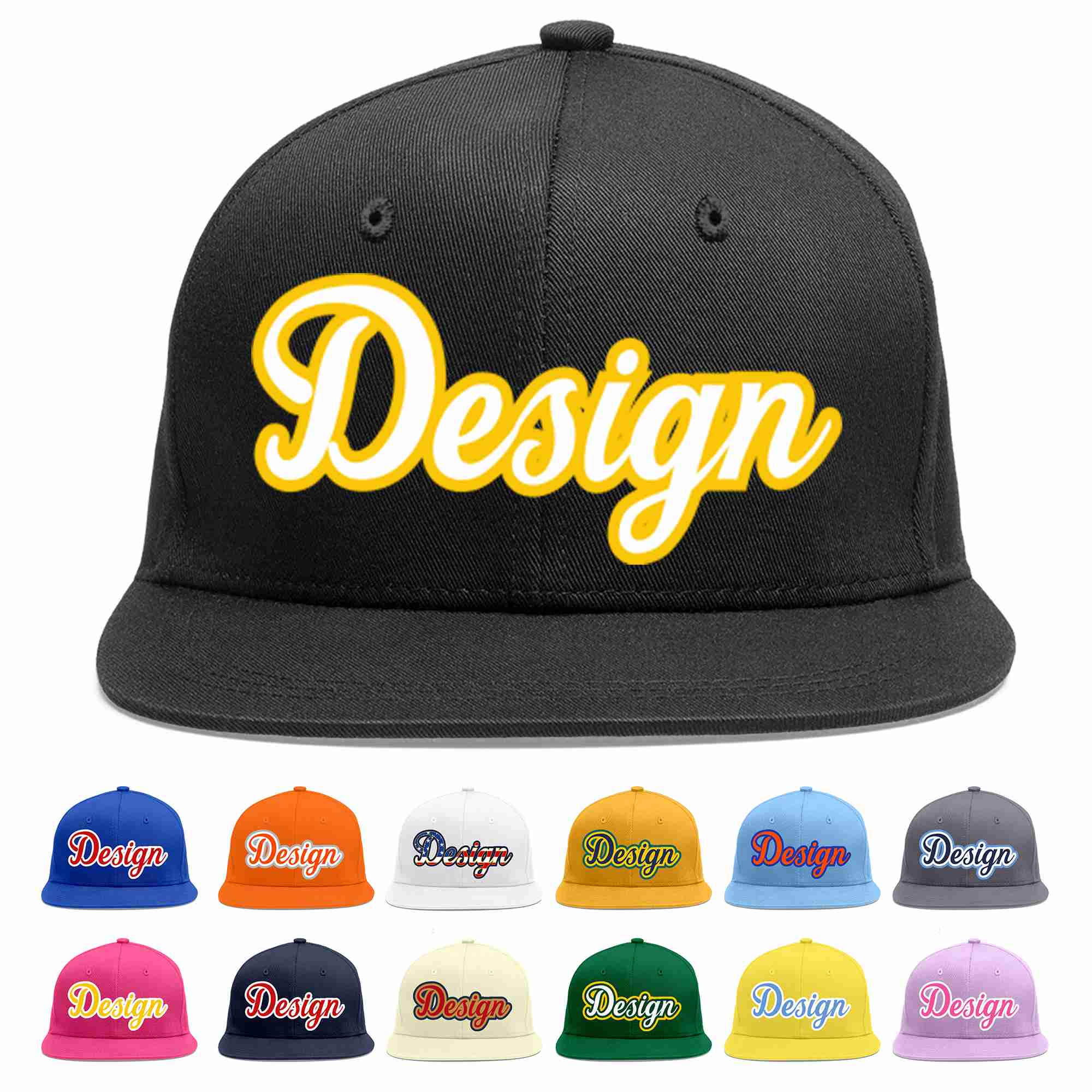 Custom Black White-Gold Flat Eaves Sport Baseball Cap Design for Men/Women/Youth