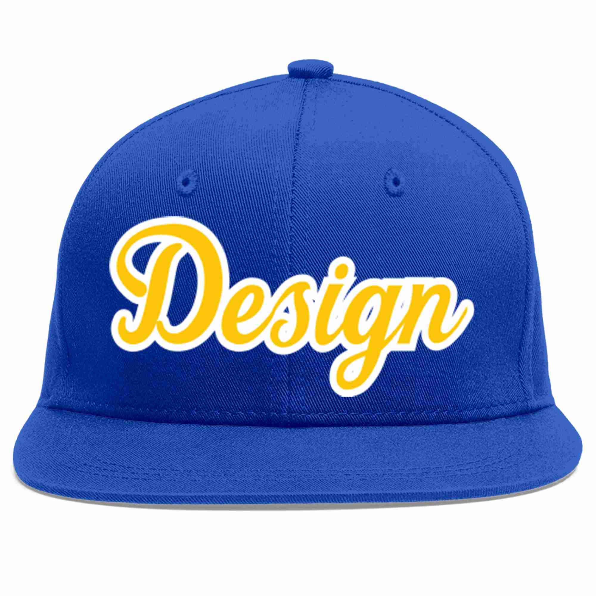 Custom Royal Gold-White Flat Eaves Sport Baseball Cap Design for Men/Women/Youth