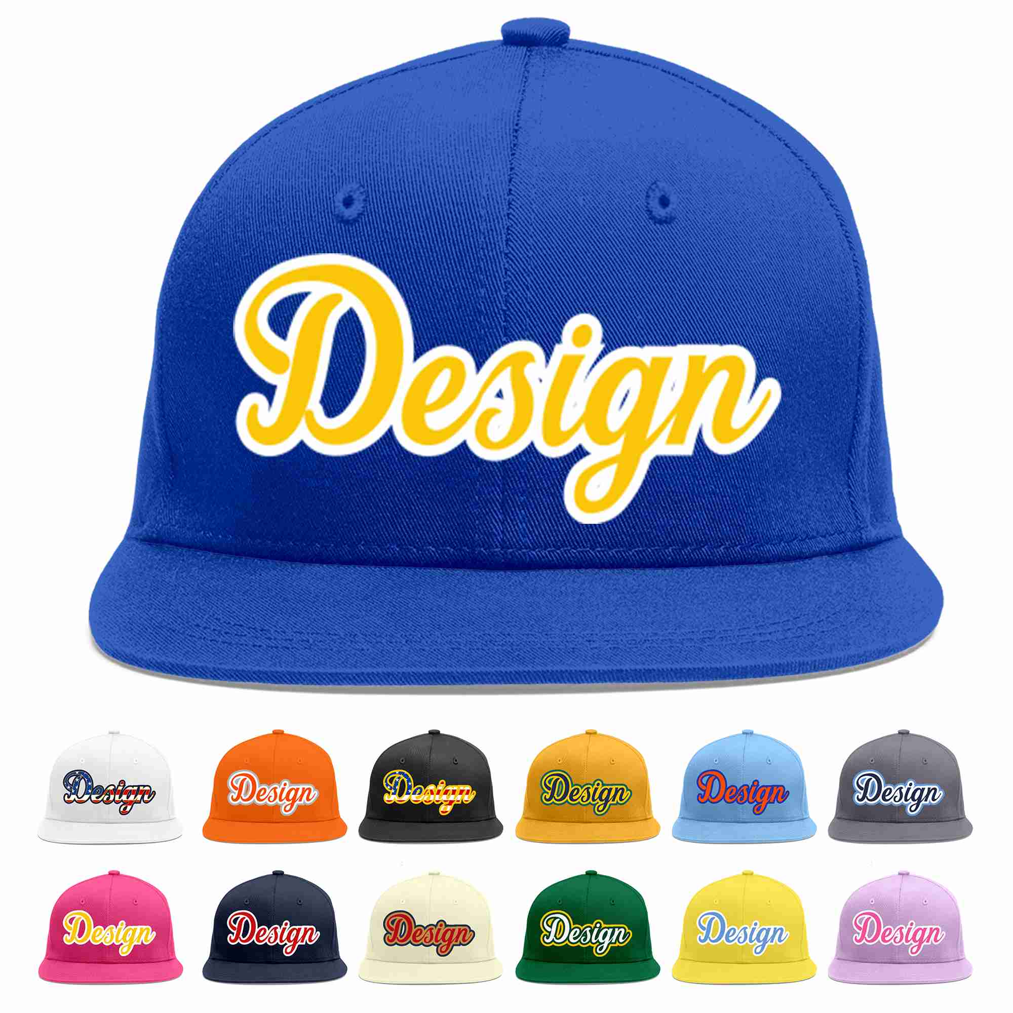 Custom Royal Gold-White Flat Eaves Sport Baseball Cap Design for Men/Women/Youth