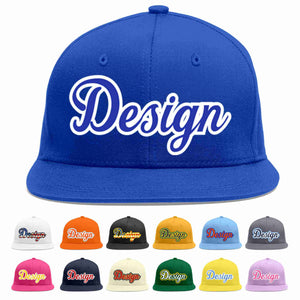 Custom Royal Royal-White Flat Eaves Sport Baseball Cap Design for Men/Women/Youth