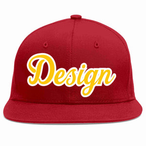 Custom Red Gold-White Flat Eaves Sport Baseball Cap Design for Men/Women/Youth