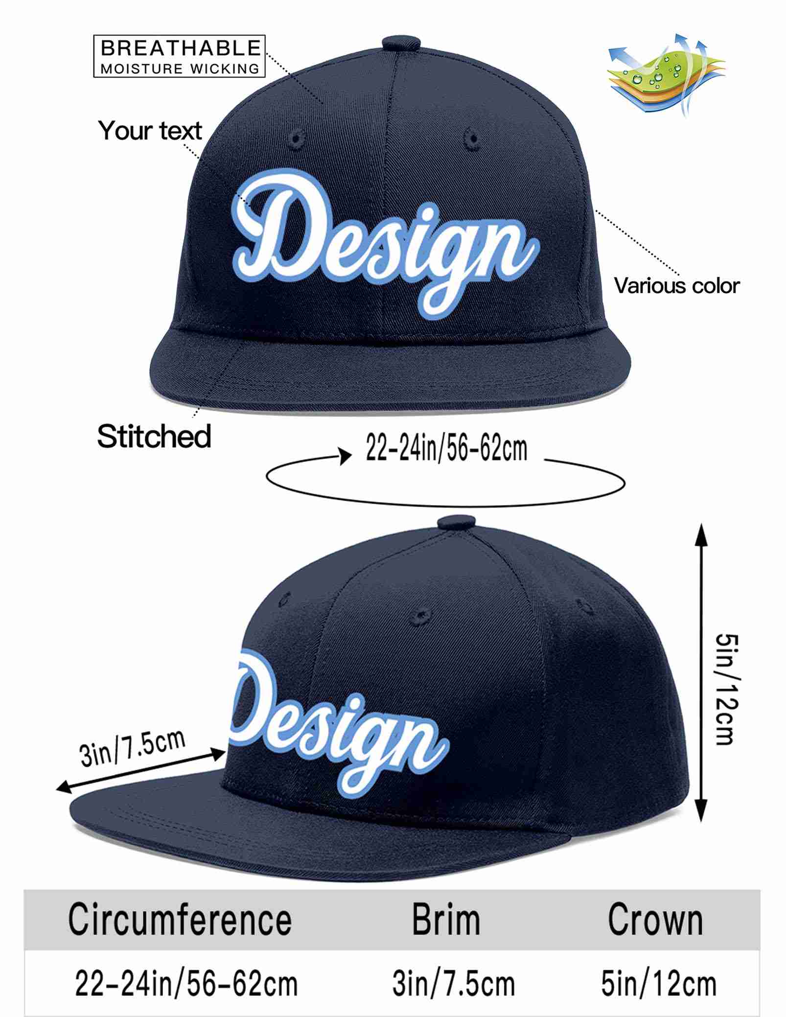 Custom Navy White-Light Blue Flat Eaves Sport Baseball Cap Design for Men/Women/Youth