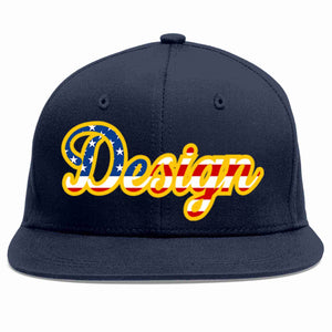 Custom Navy Vintage USA Flag-Gold Flat Eaves Sport Baseball Cap Design for Men/Women/Youth