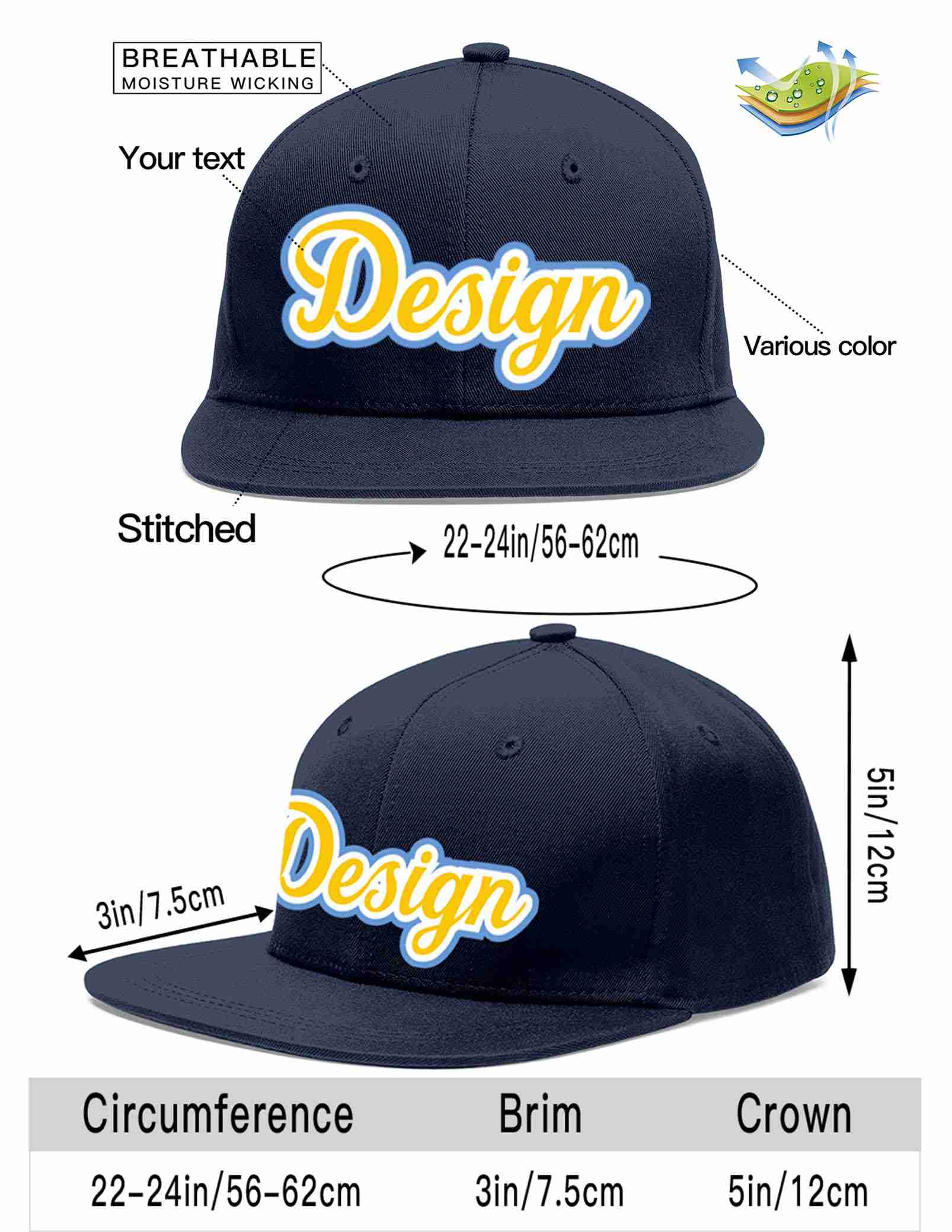 Custom Navy Gold-White Flat Eaves Sport Baseball Cap Design for Men/Women/Youth