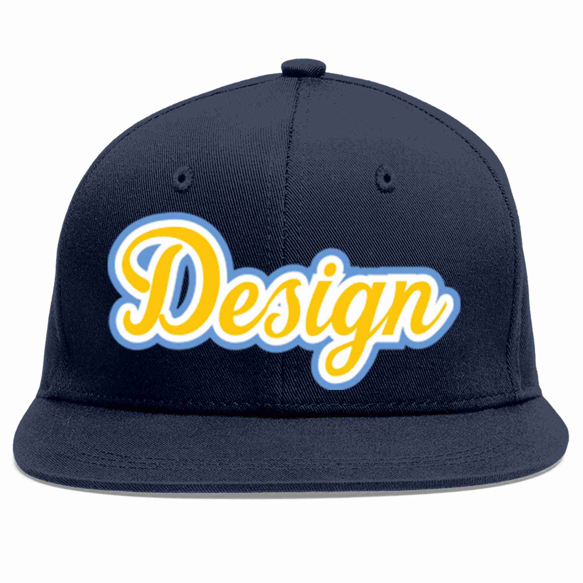 Custom Navy Gold-White Flat Eaves Sport Baseball Cap Design for Men/Women/Youth