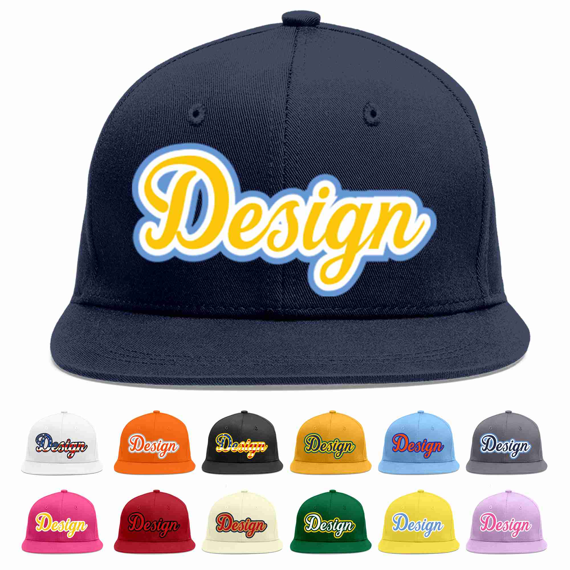 Custom Navy Gold-White Flat Eaves Sport Baseball Cap Design for Men/Women/Youth