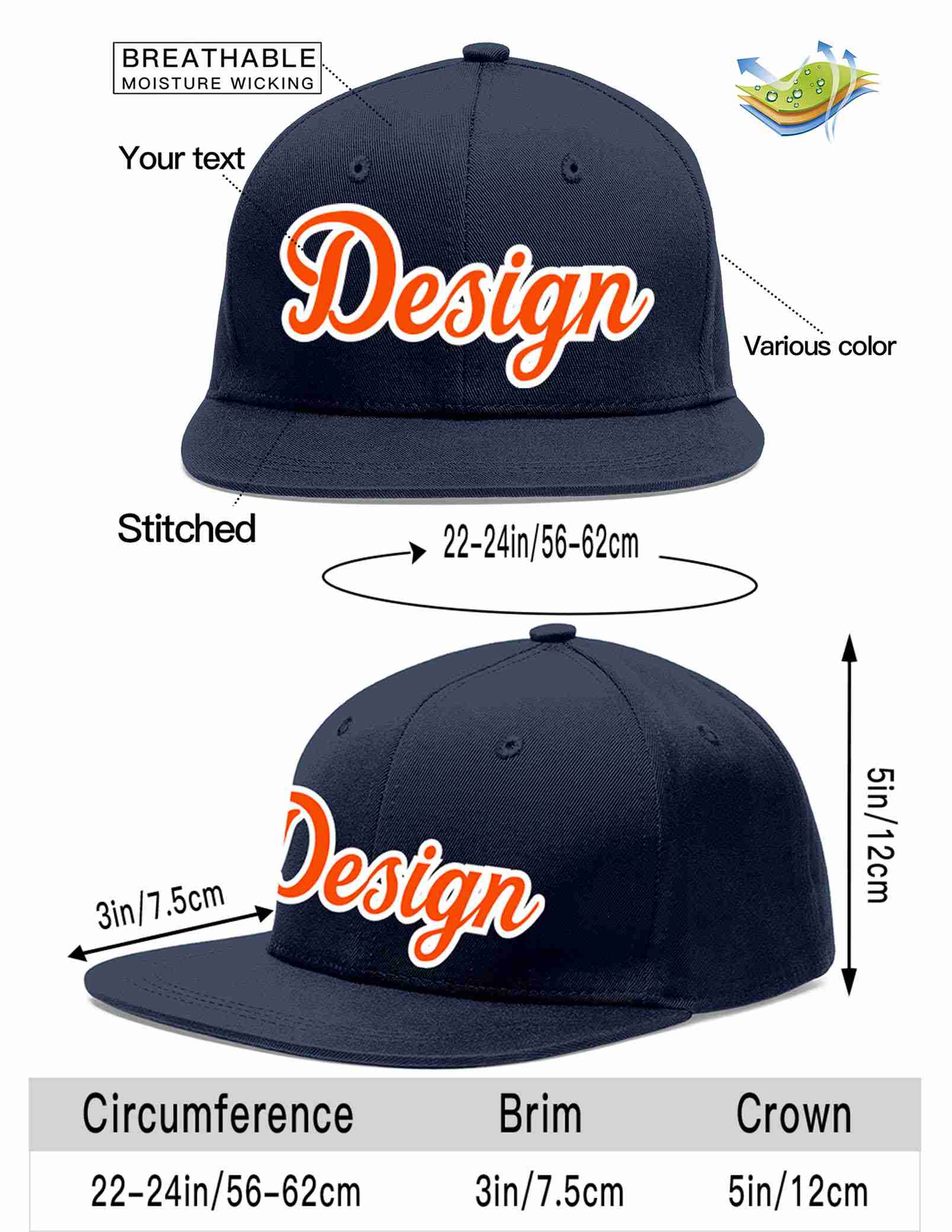 Custom Navy Orange-White Flat Eaves Sport Baseball Cap Design for Men/Women/Youth