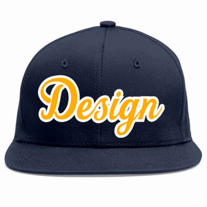 Custom Navy Yellow-White Flat Eaves Sport Baseball Cap Design for Men/Women/Youth