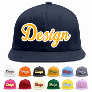 Custom Navy Yellow-White Flat Eaves Sport Baseball Cap Design for Men/Women/Youth