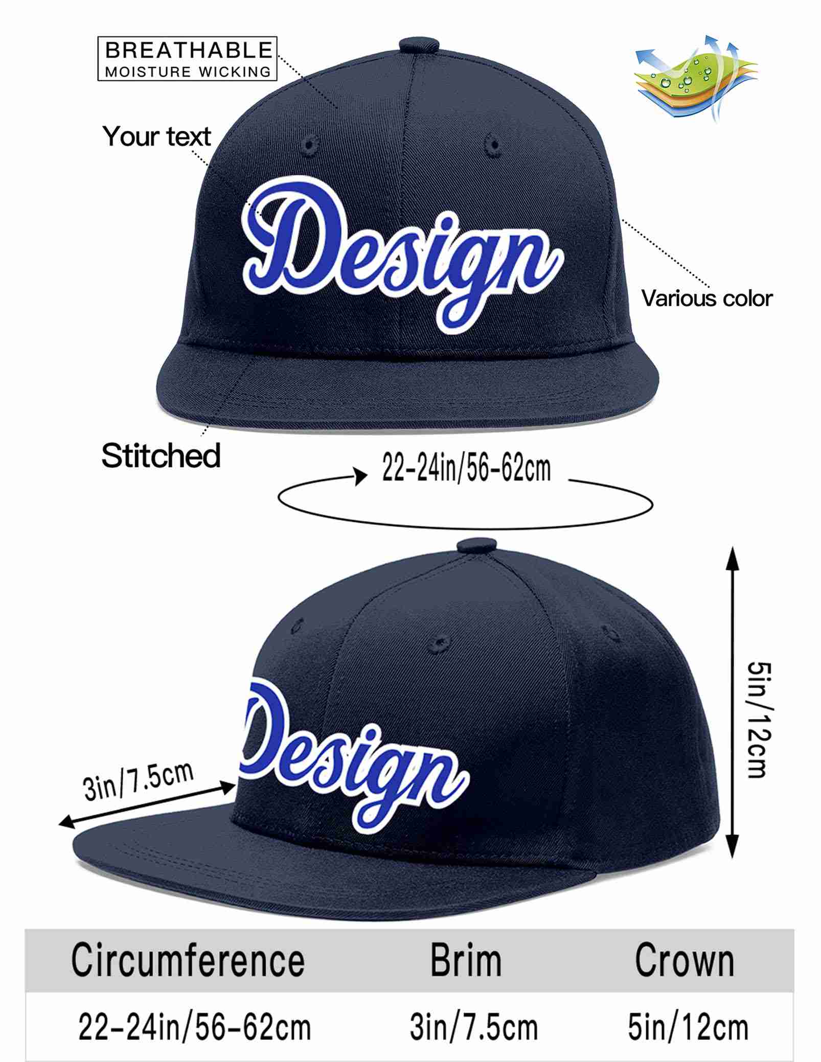 Custom Navy Royal-White Flat Eaves Sport Baseball Cap Design for Men/Women/Youth