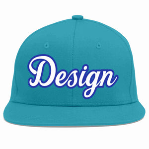 Custom Aqua White-Royal Flat Eaves Sport Baseball Cap Design for Men/Women/Youth