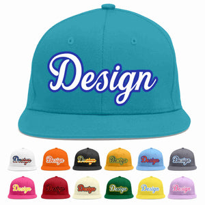 Custom Aqua White-Royal Flat Eaves Sport Baseball Cap Design for Men/Women/Youth