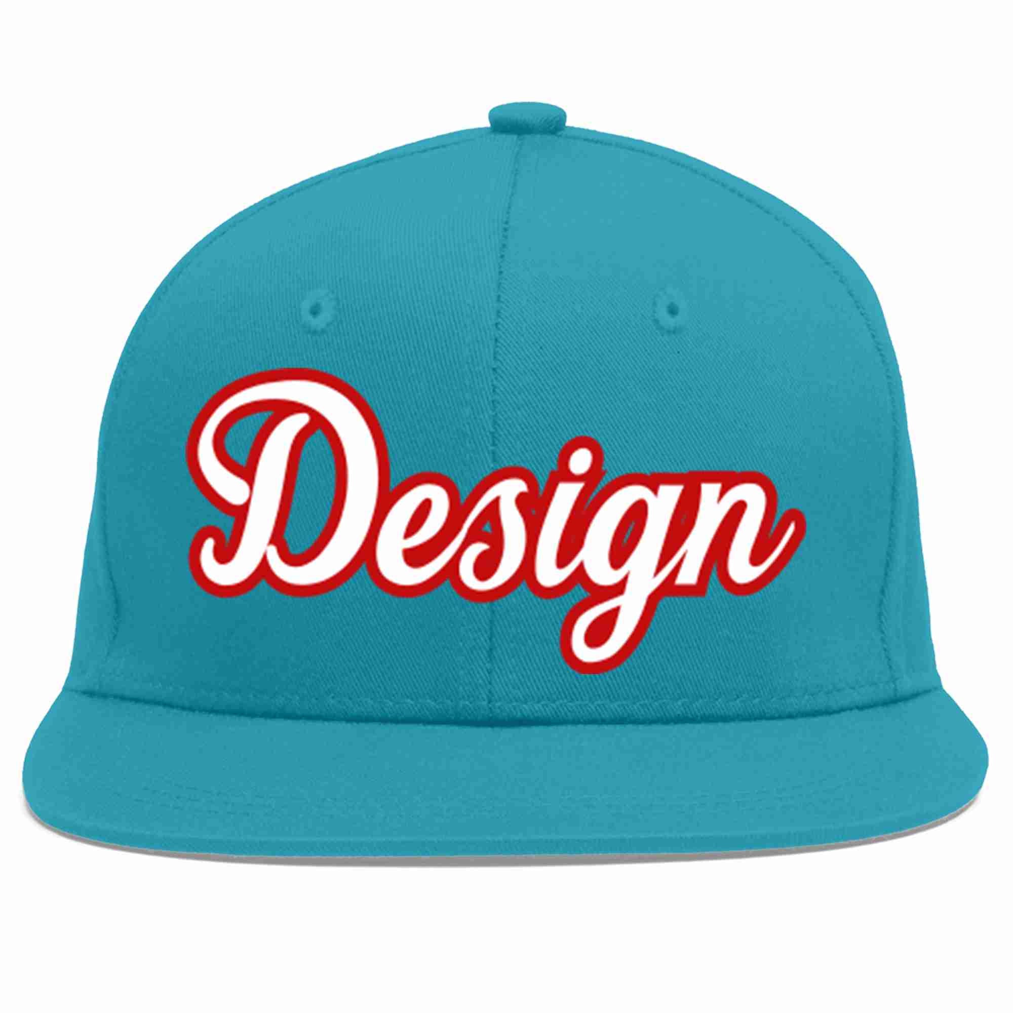 Custom Aqua White-Red Flat Eaves Sport Baseball Cap Design for Men/Women/Youth