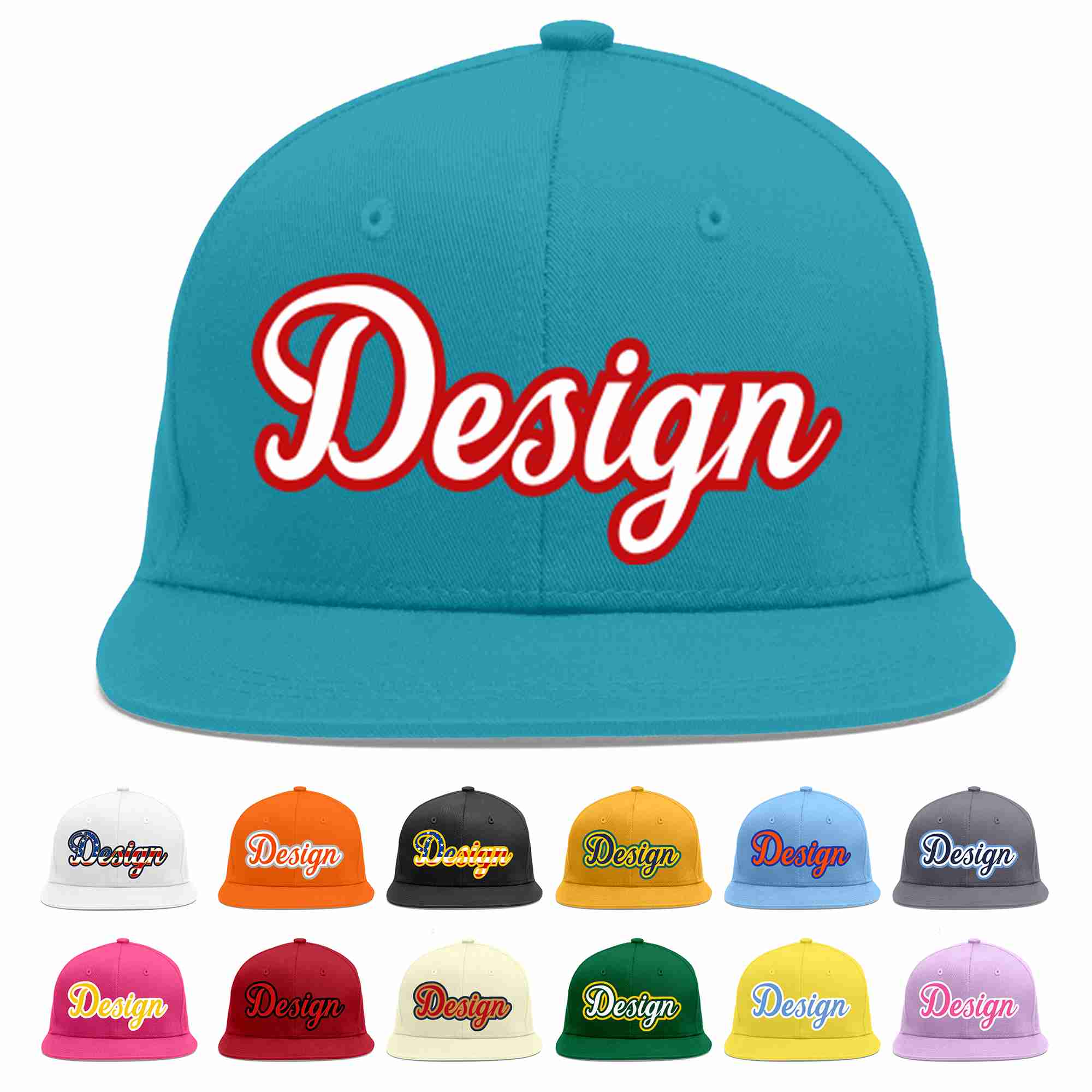 Custom Aqua White-Red Flat Eaves Sport Baseball Cap Design for Men/Women/Youth