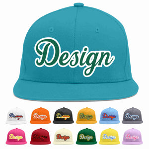 Custom Aqua Kelly Green-White Flat Eaves Sport Baseball Cap Design for Men/Women/Youth