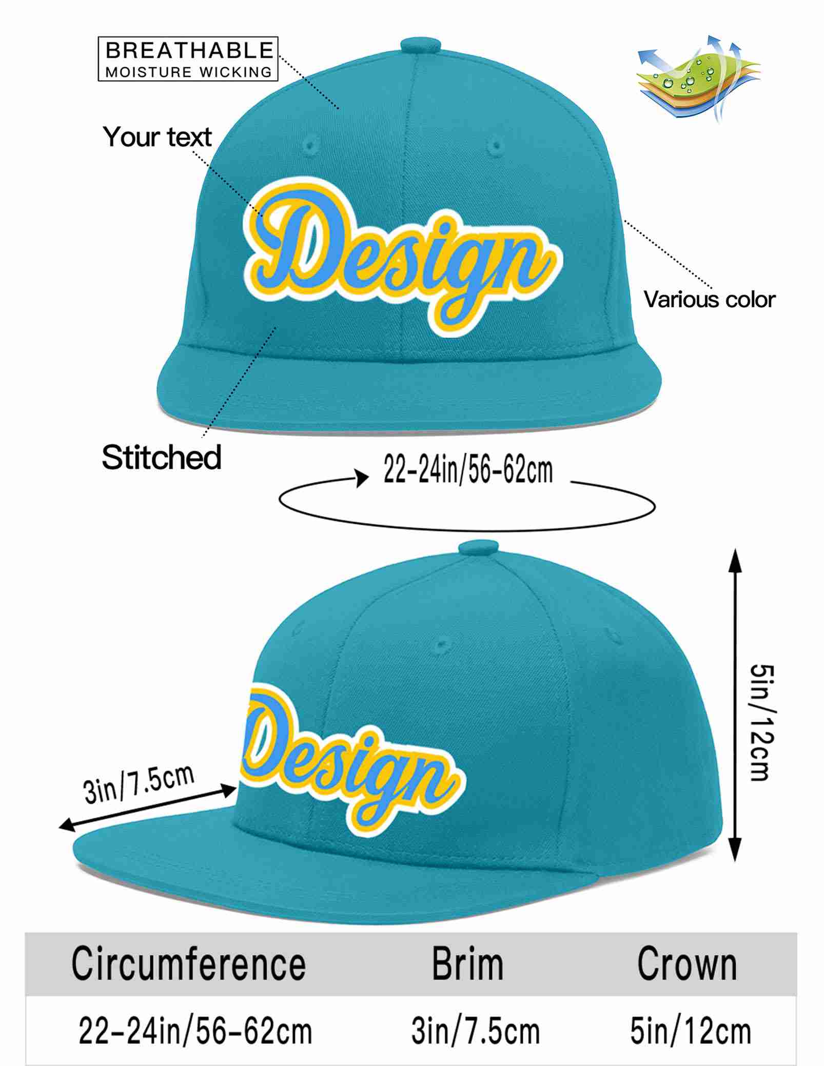 Casquette de baseball personnalisée Aqua Powder Blue-Gold Flat Eaves Sport pour hommes/femmes/jeunes