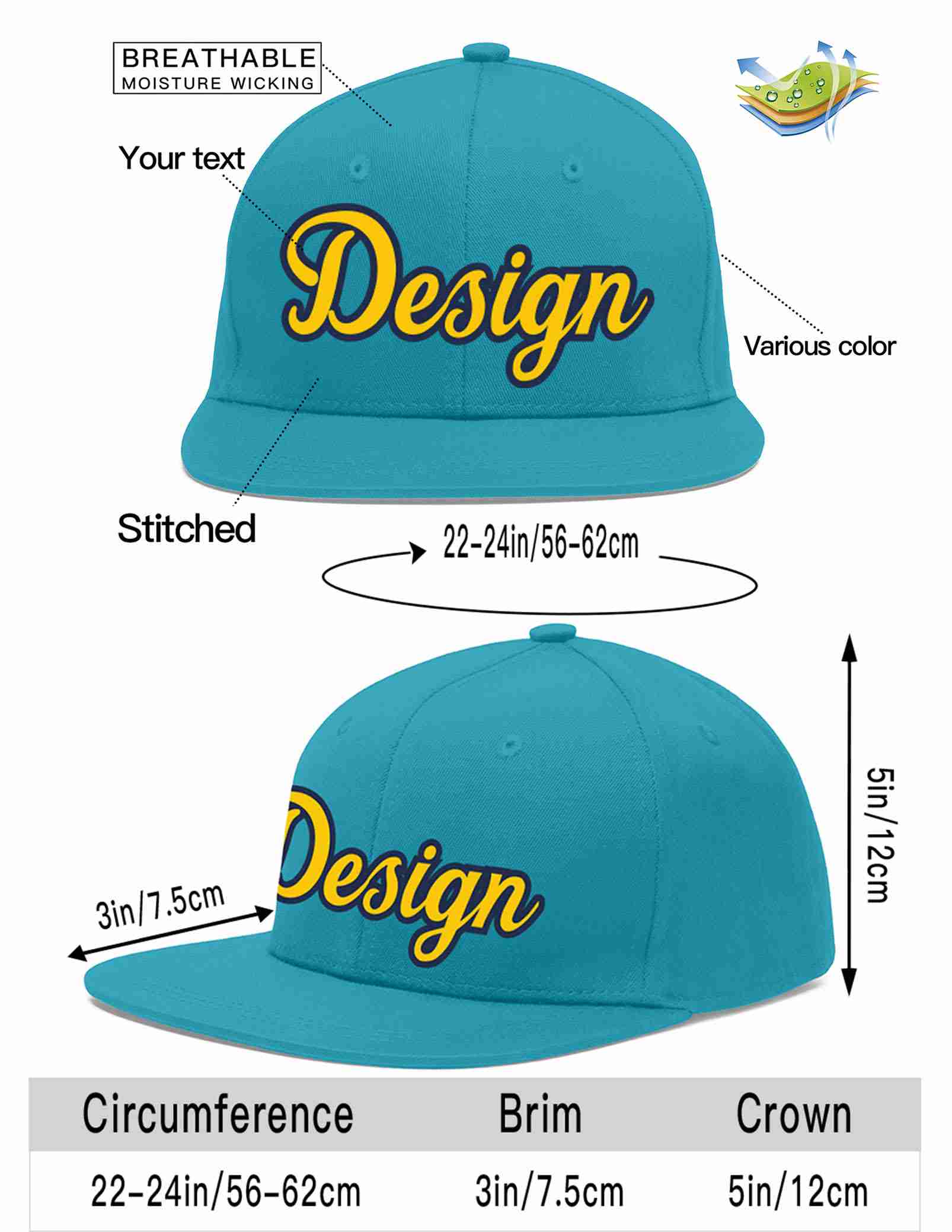 Custom Aqua Gold-Navy Flat Eaves Sport Baseball Cap Design for Men/Women/Youth