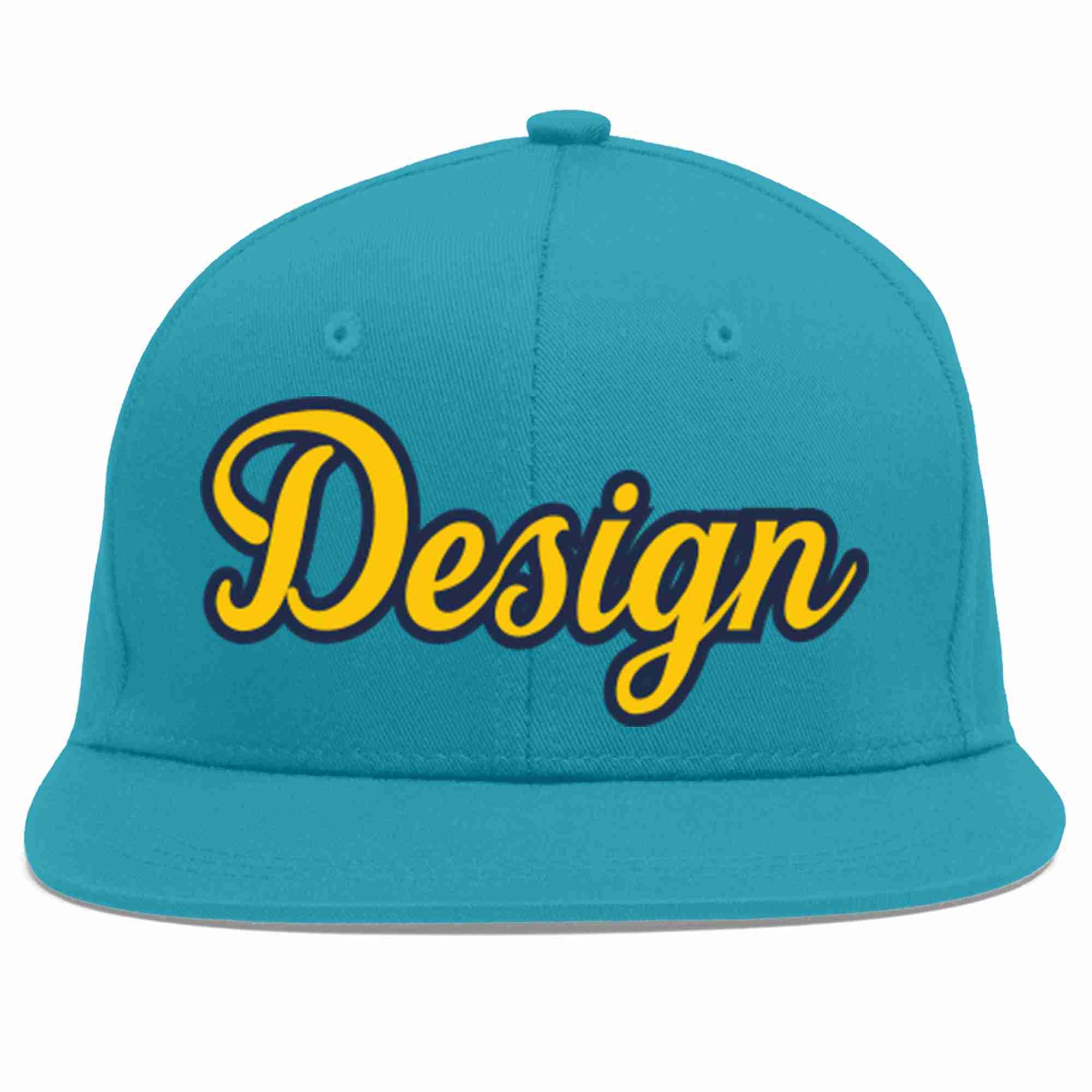 Casquette de baseball personnalisée Aqua Gold-Navy Flat Eaves Sport pour hommes/femmes/jeunes