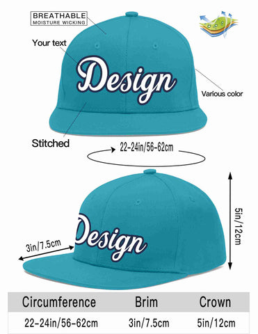 Custom Aqua White-Navy Flat Eaves Sport Baseball Cap Design for Men/Women/Youth