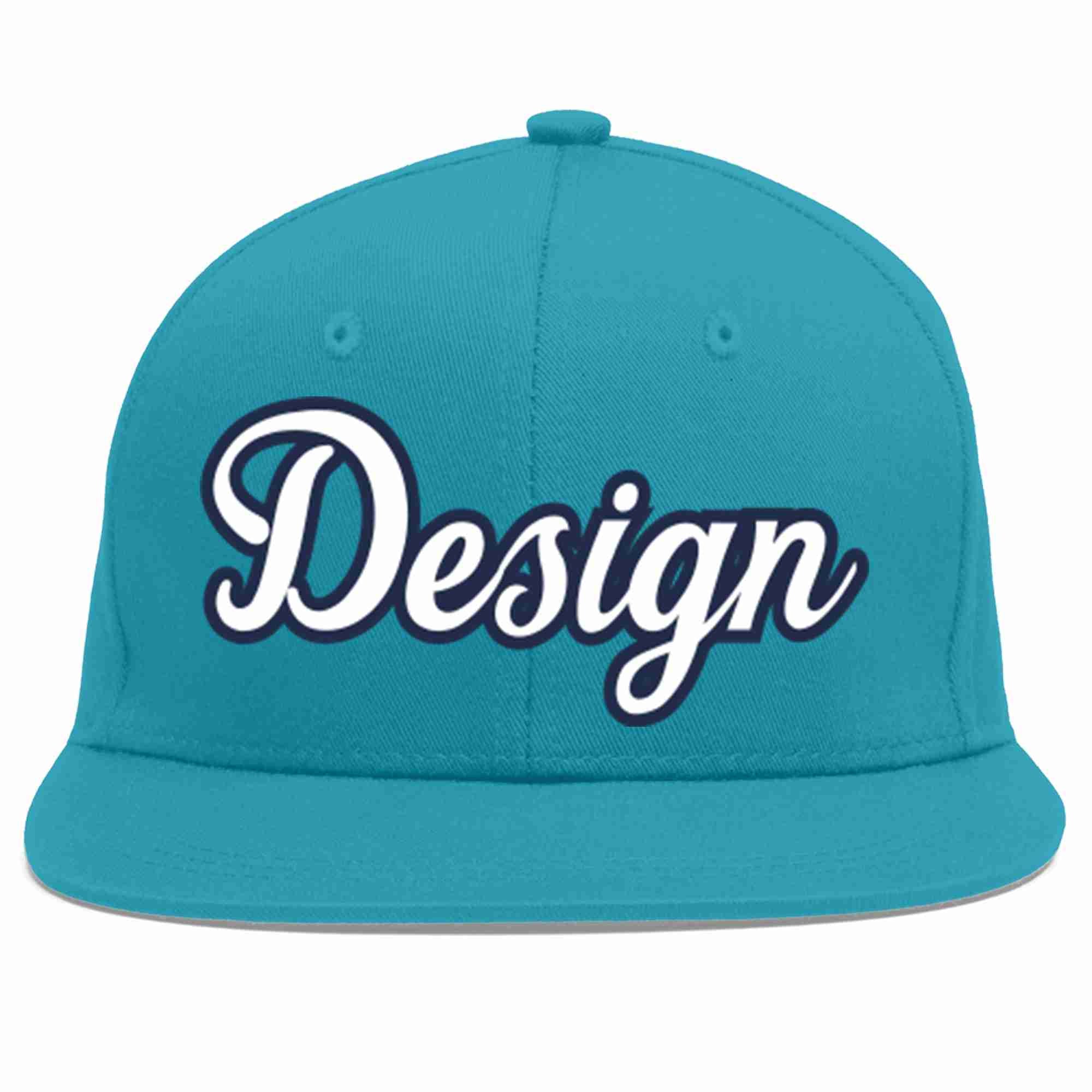 Casquette de baseball personnalisée Aqua White-Navy Flat Eaves Sport pour hommes/femmes/jeunes