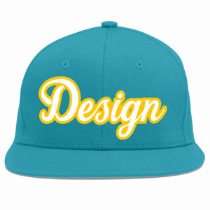 Casquette de baseball personnalisée Aqua White-Gold Flat Eaves Sport pour hommes/femmes/jeunes