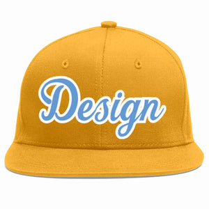 Custom Gold Light Blue-White Flat Eaves Sport Baseball Cap Design for Men/Women/Youth