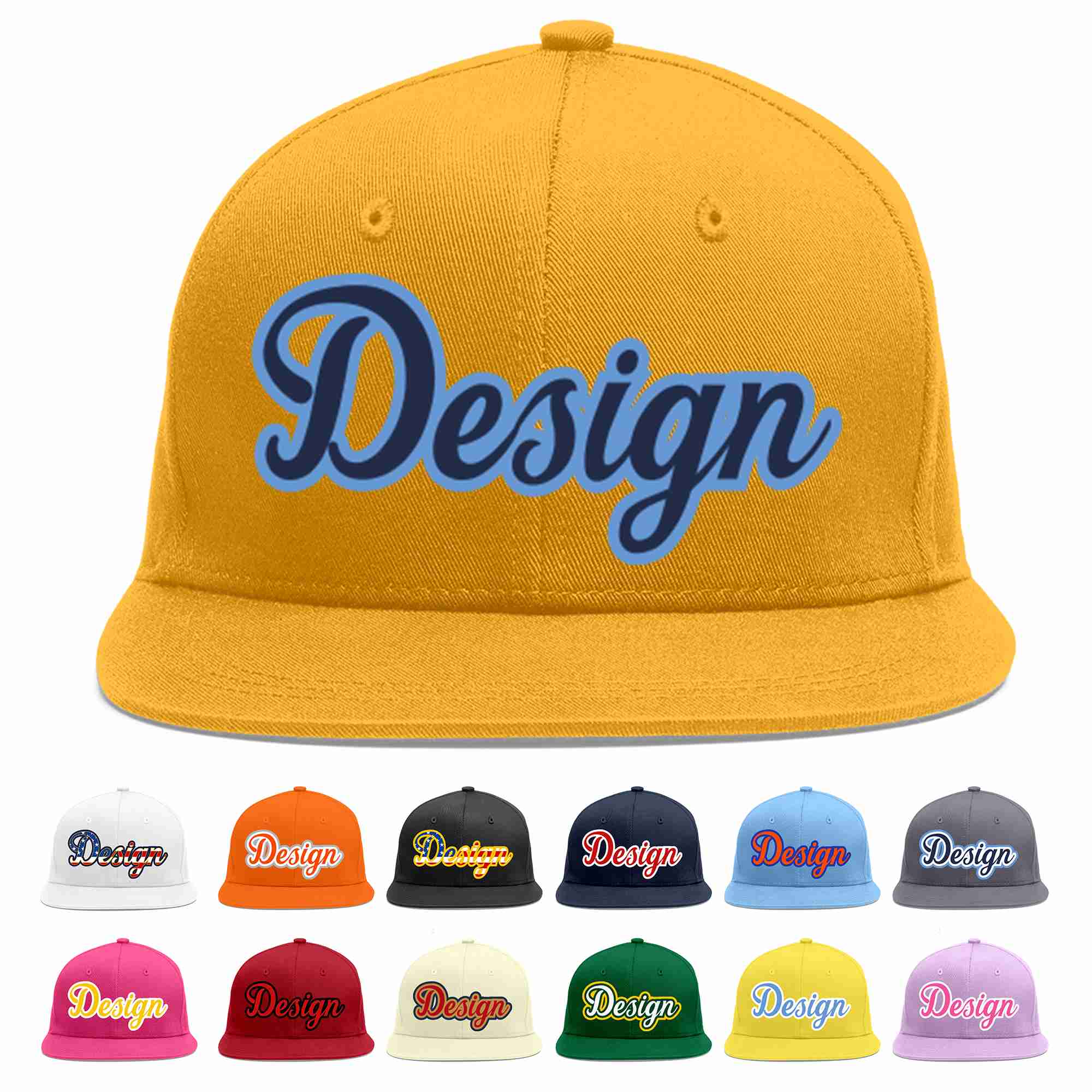 Custom Gold Navy-Light Blue Flat Eaves Sport Baseball Cap Design for Men/Women/Youth