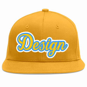 Custom Gold Gold-Powder Blue Flat Eaves Sport Baseball Cap Design for Men/Women/Youth