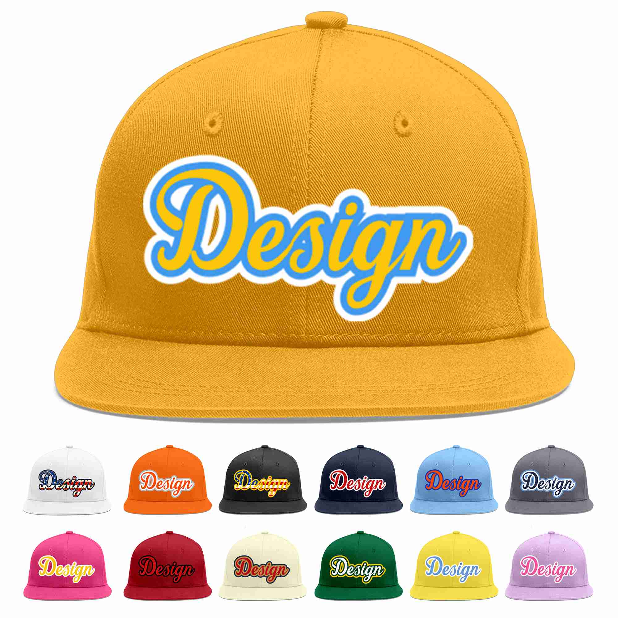 Custom Gold Gold-Powder Blue Flat Eaves Sport Baseball Cap Design for Men/Women/Youth