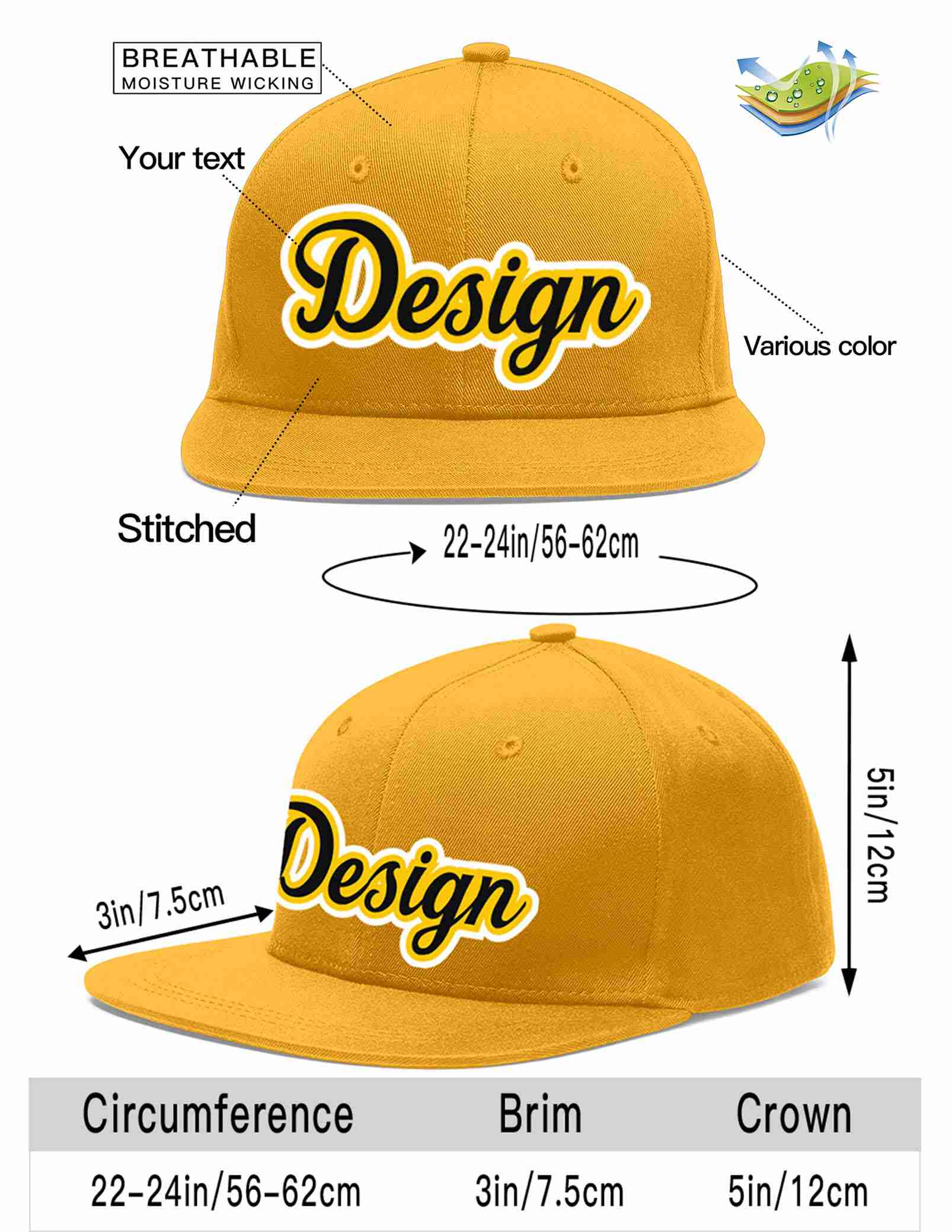 Custom Gold Black-Gold Flat Eaves Sport Baseball Cap Design for Men/Women/Youth