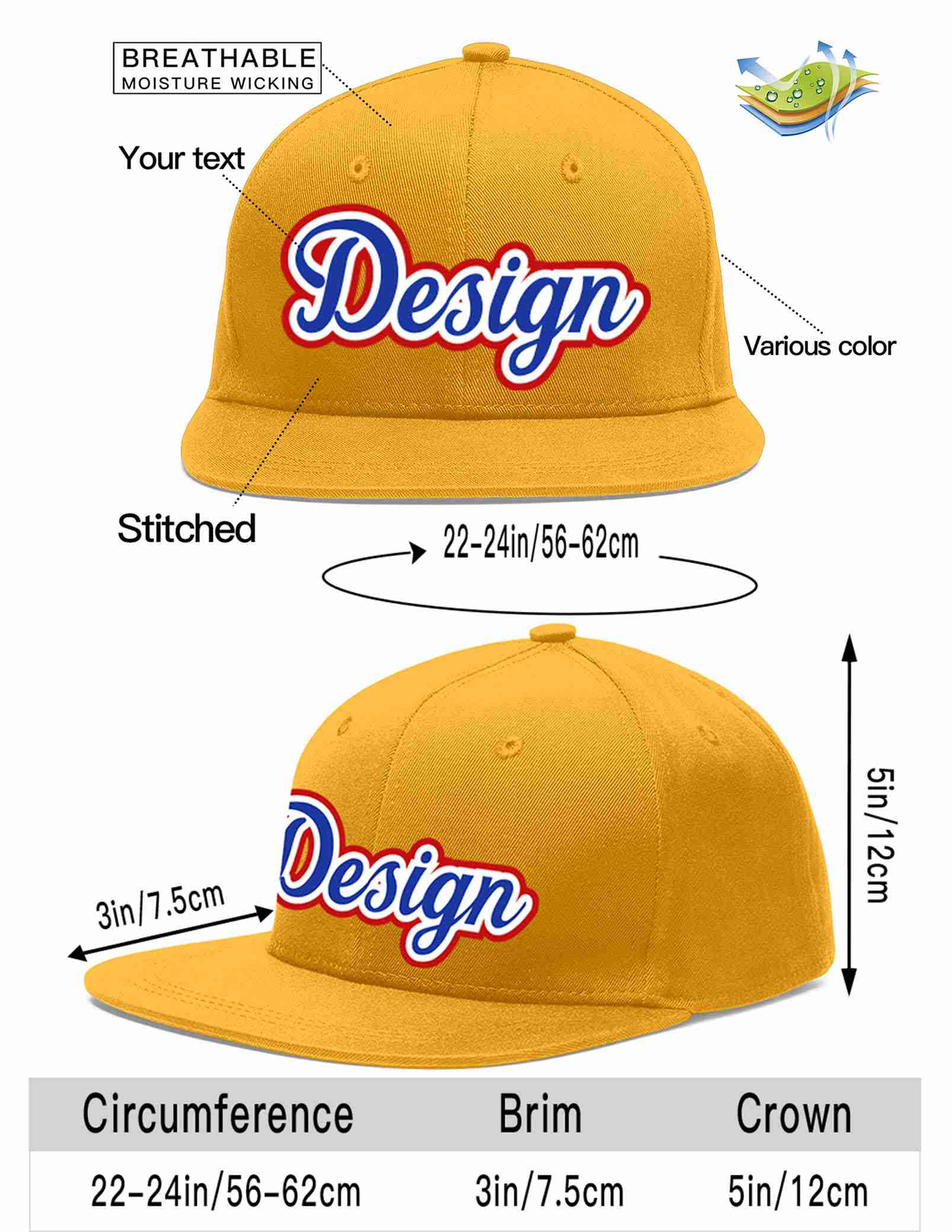 Custom Gold Royal-White Flat Eaves Sport Baseball Cap Design for Men/Women/Youth