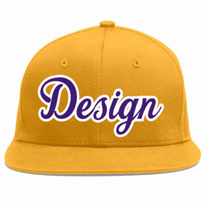 Conception personnalisée de casquette de baseball de sport à avant-toit plat violet-blanc doré pour hommes/femmes/jeunes