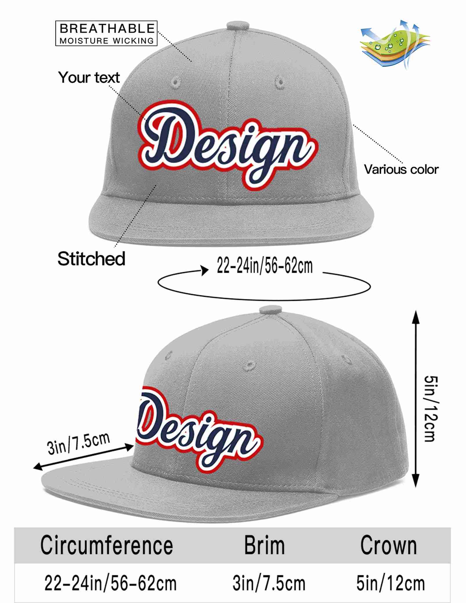 Custom Gray Navy-White Flat Eaves Sport Baseball Cap Design for Men/Women/Youth