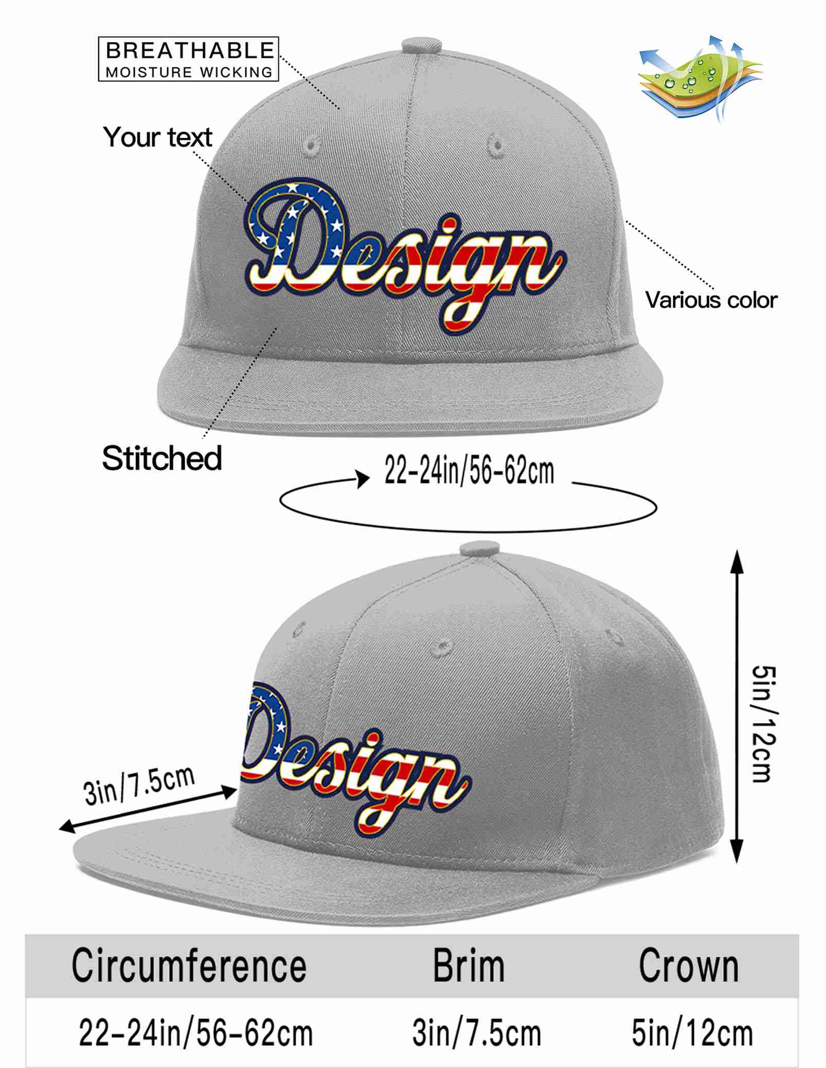 Custom Gray Vintage USA Flag-Gold Flat Eaves Sport Baseball Cap Design for Men/Women/Youth