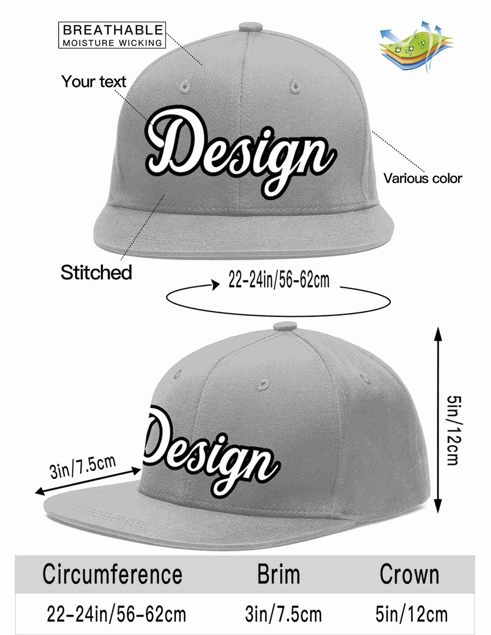 Custom Gray White-Black Flat Eaves Sport Baseball Cap Design for Men/Women/Youth