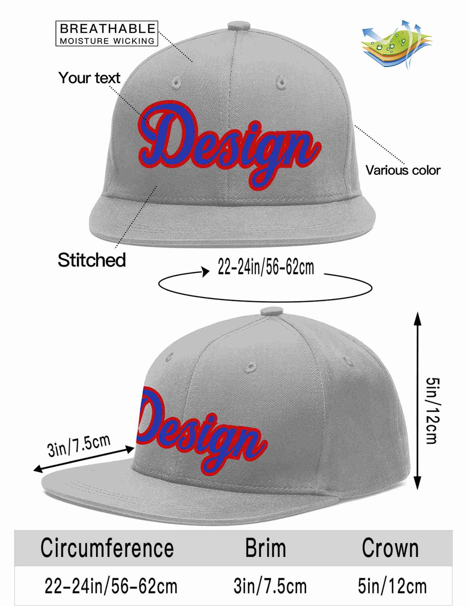 Custom Gray Royal-Red Flat Eaves Sport Baseball Cap Design for Men/Women/Youth