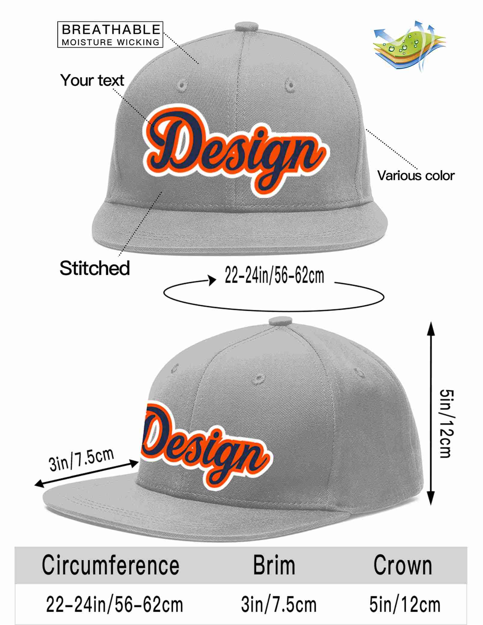 Custom Gray Navy-Orange Flat Eaves Sport Baseball Cap Design for Men/Women/Youth