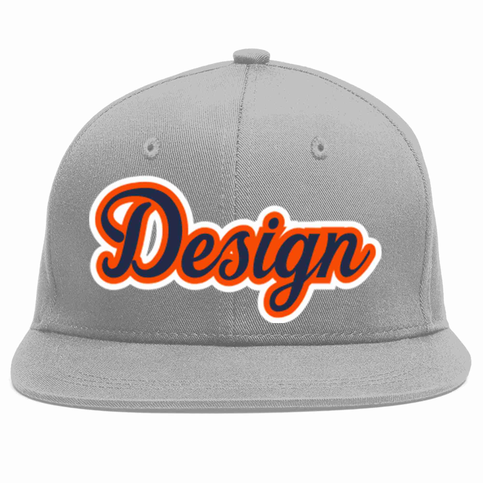 Custom Gray Navy-Orange Flat Eaves Sport Baseball Cap Design for Men/Women/Youth