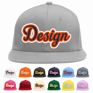 Custom Gray Navy-Orange Flat Eaves Sport Baseball Cap Design for Men/Women/Youth