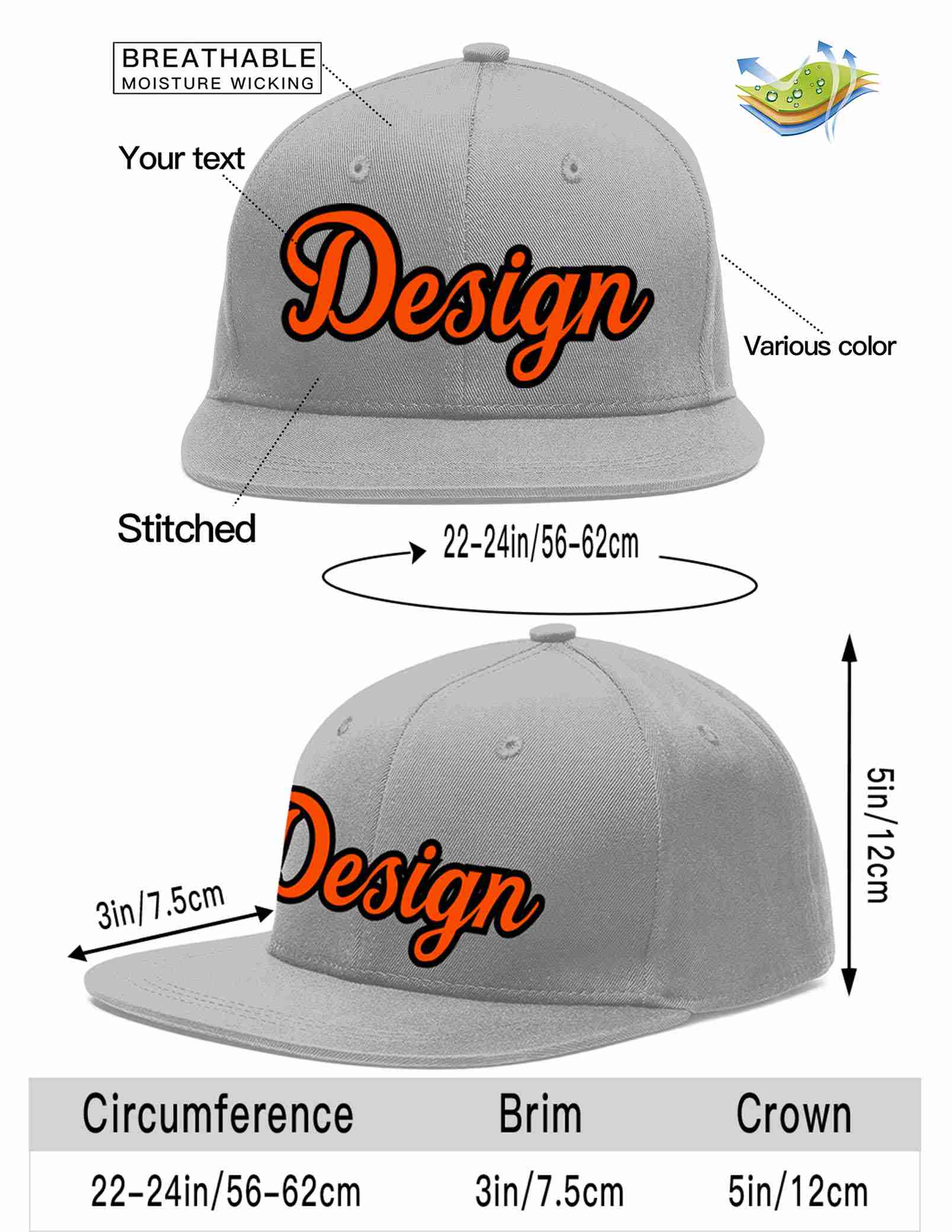 Custom Gray Orange-Black Flat Eaves Sport Baseball Cap Design for Men/Women/Youth