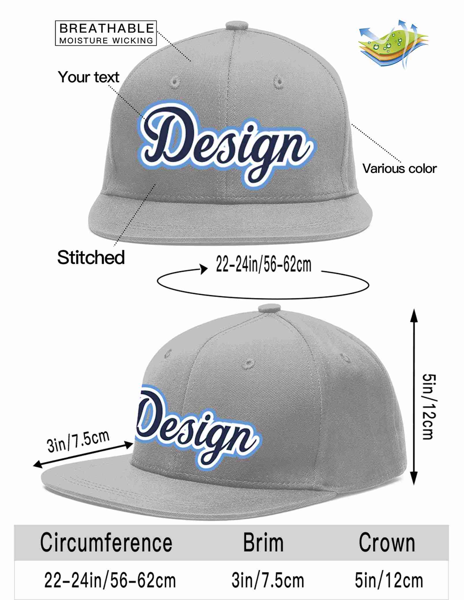 Custom Gray Navy-White Flat Eaves Sport Baseball Cap Design for Men/Women/Youth