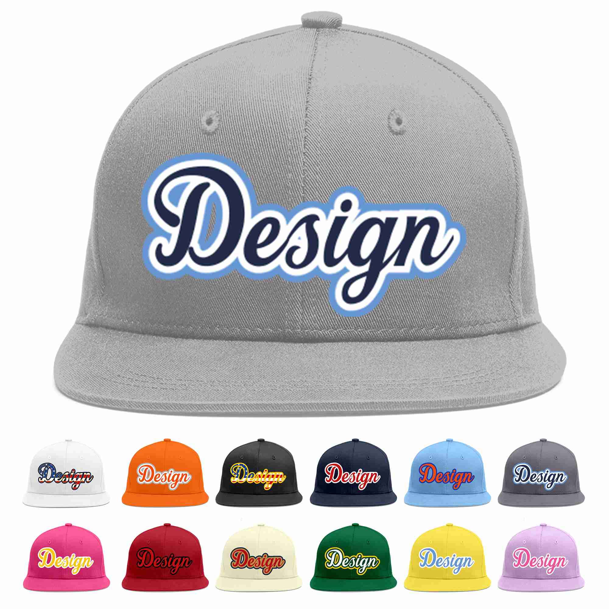 Custom Gray Navy-White Flat Eaves Sport Baseball Cap Design for Men/Women/Youth