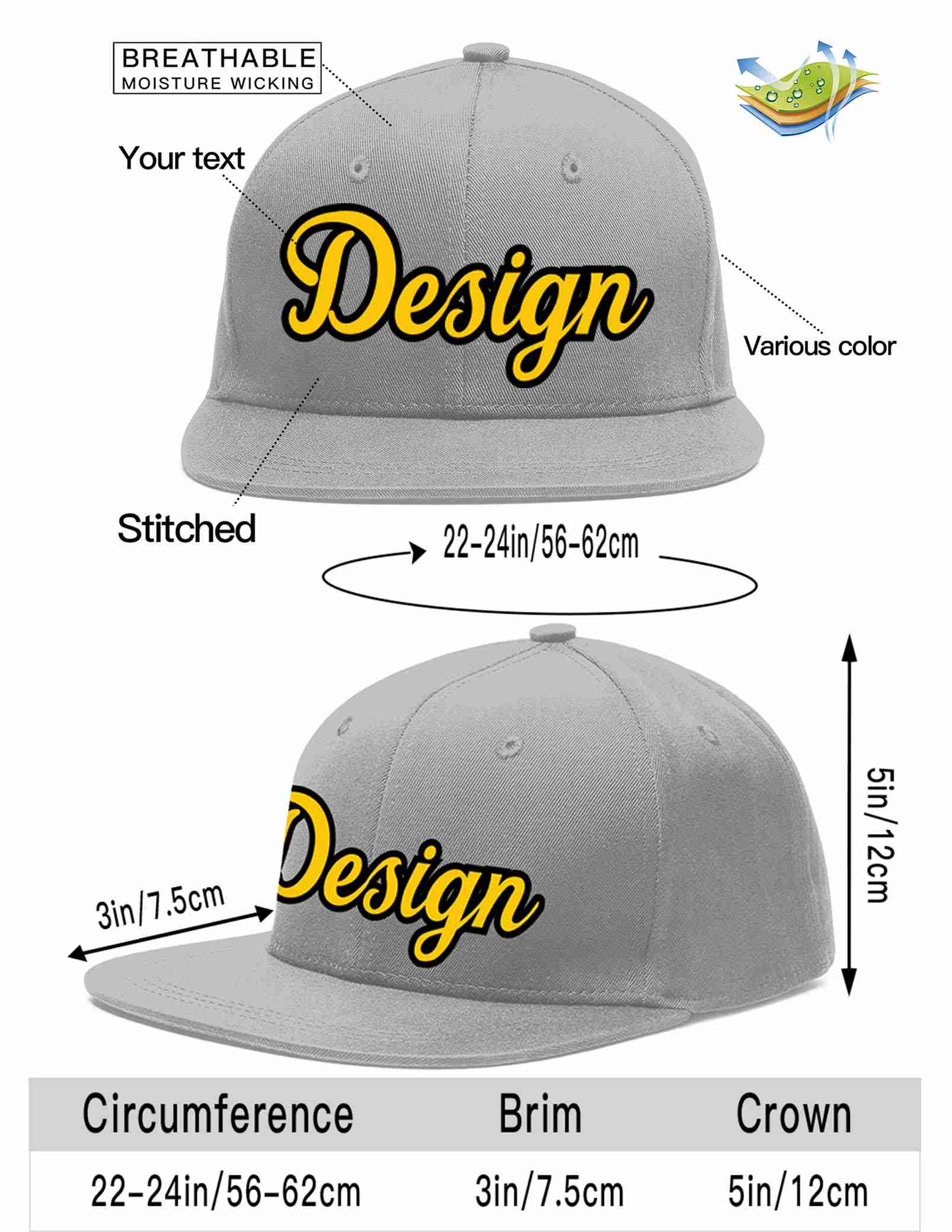 Custom Gray Gold-Black Flat Eaves Sport Baseball Cap Design for Men/Women/Youth