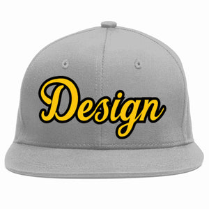 Custom Gray Gold-Black Flat Eaves Sport Baseball Cap Design for Men/Women/Youth