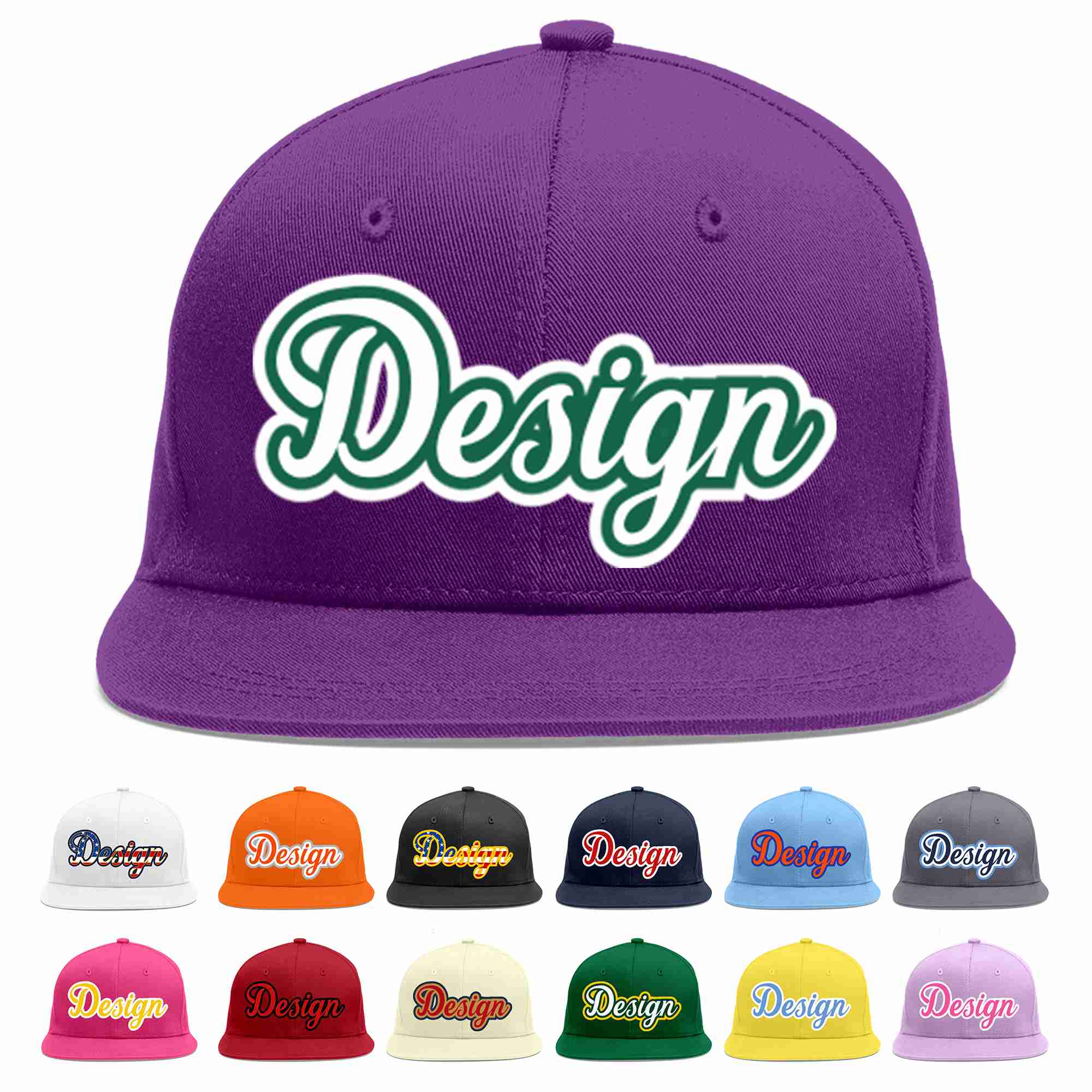 Conception personnalisée de casquette de baseball de sport à avant-toit plat violet blanc-vert Kelly pour hommes/femmes/jeunes