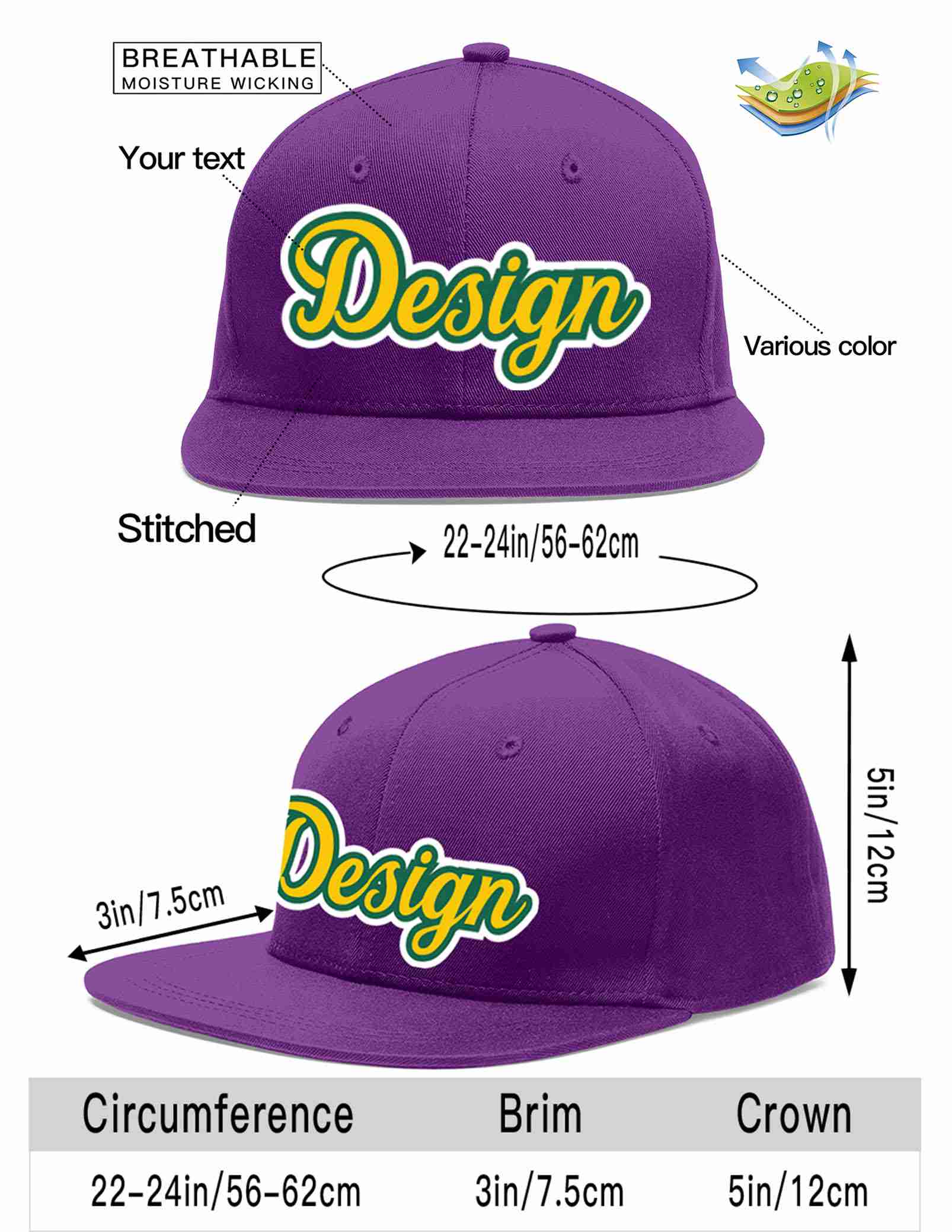 Custom Purple Gold-Kelly Green Flat Eaves Sport Baseball Cap Design for Men/Women/Youth