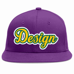 Custom Purple Gold-Kelly Green Flat Eaves Sport Baseball Cap Design for Men/Women/Youth